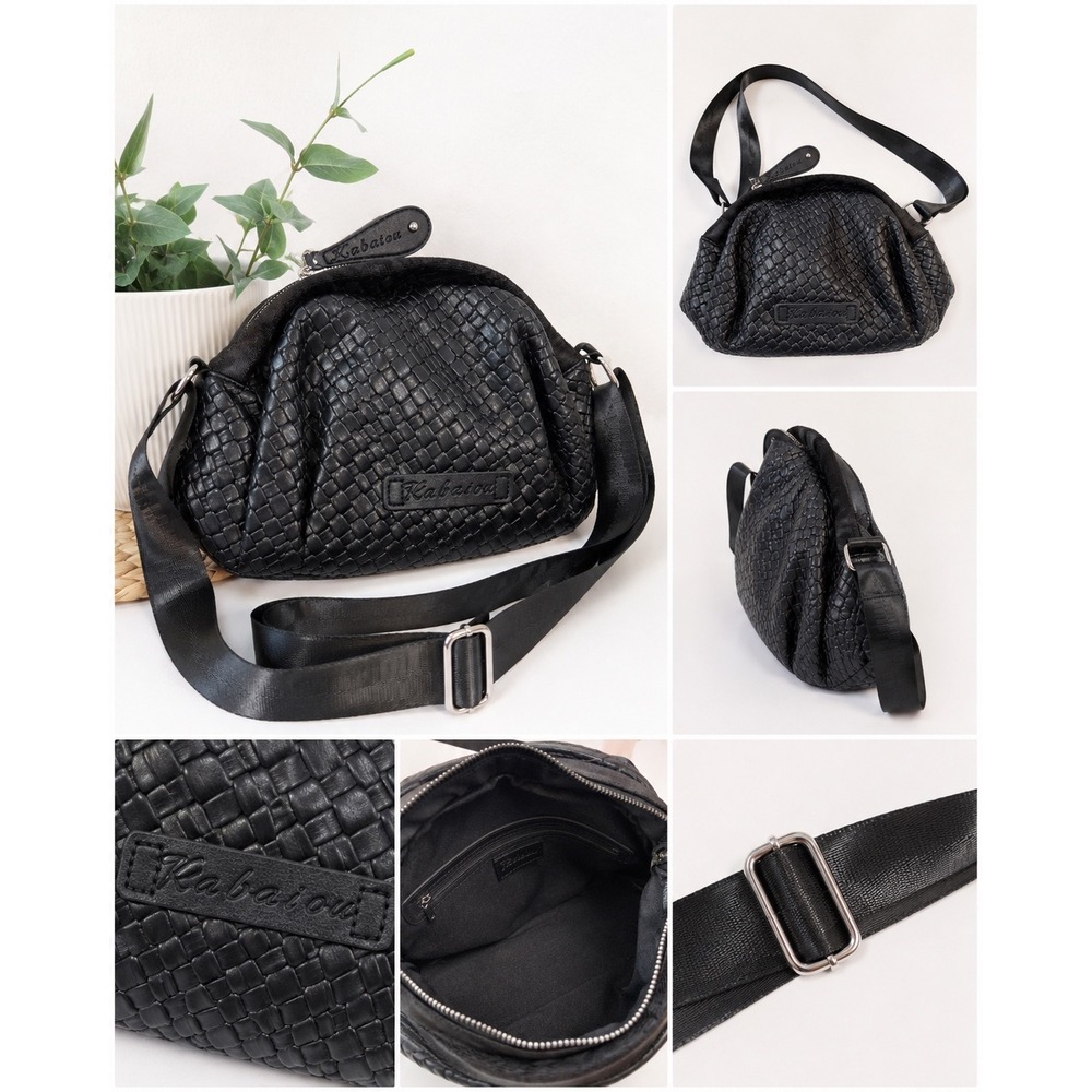 Kabaiou Black Woven Faux Leather Crossbody Bag Adjustable Strap Slouchy Purse